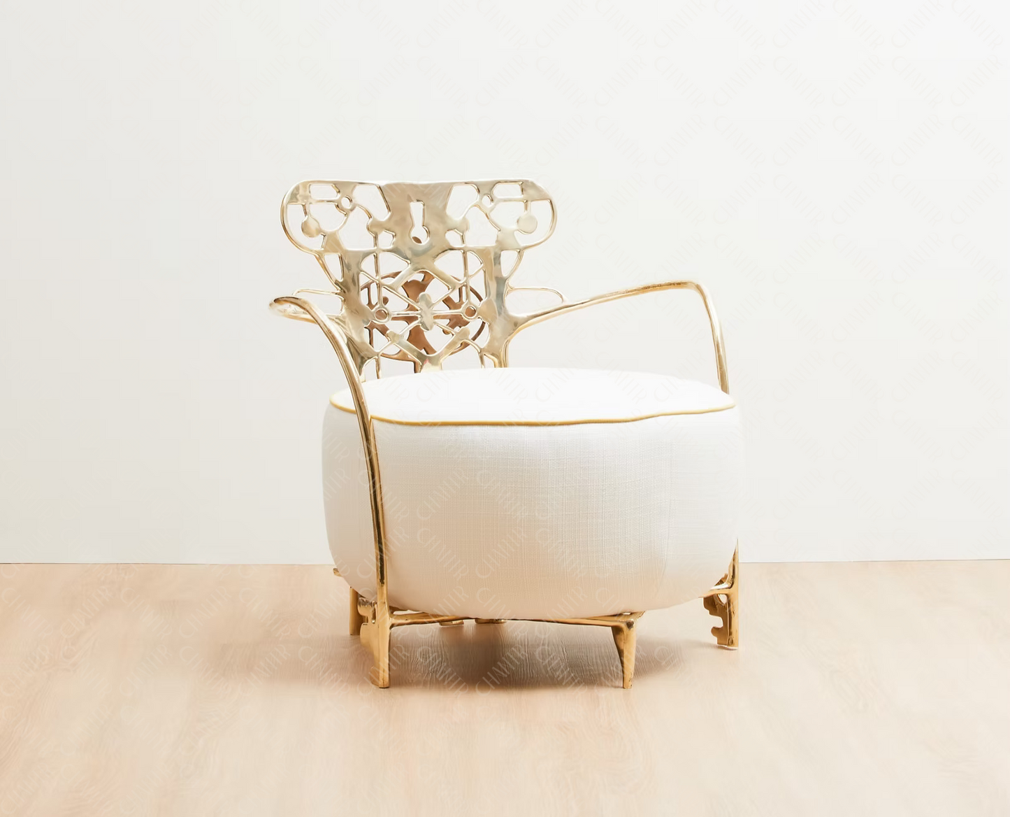 Decorative gold brass luxury handmade furniture chair with intricate metal frame, ideal for modern luxury decor, on a white background. - side angle