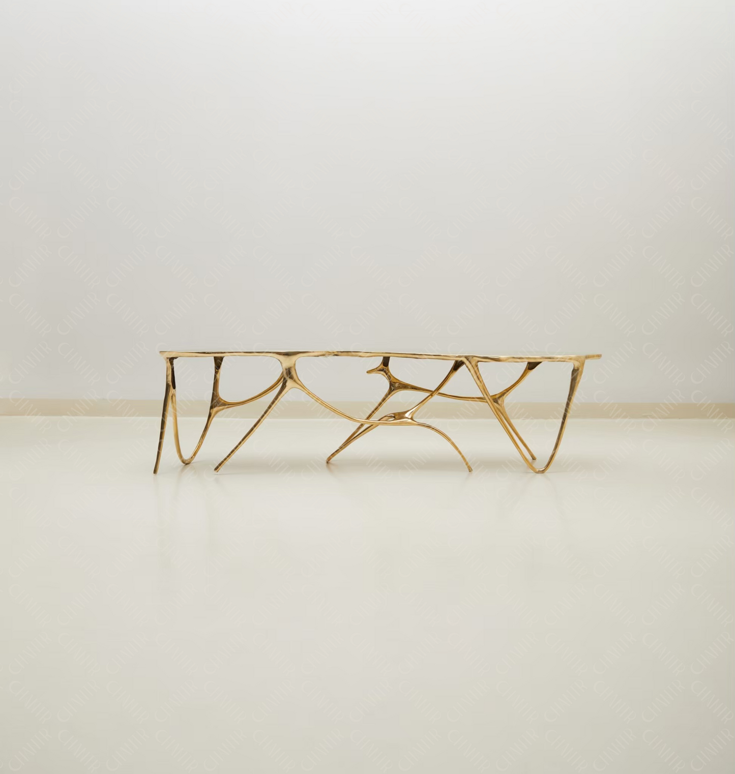 Gold brass luxury handmade furniture bench with modern design, ideal for modern luxury decor, on a white background.