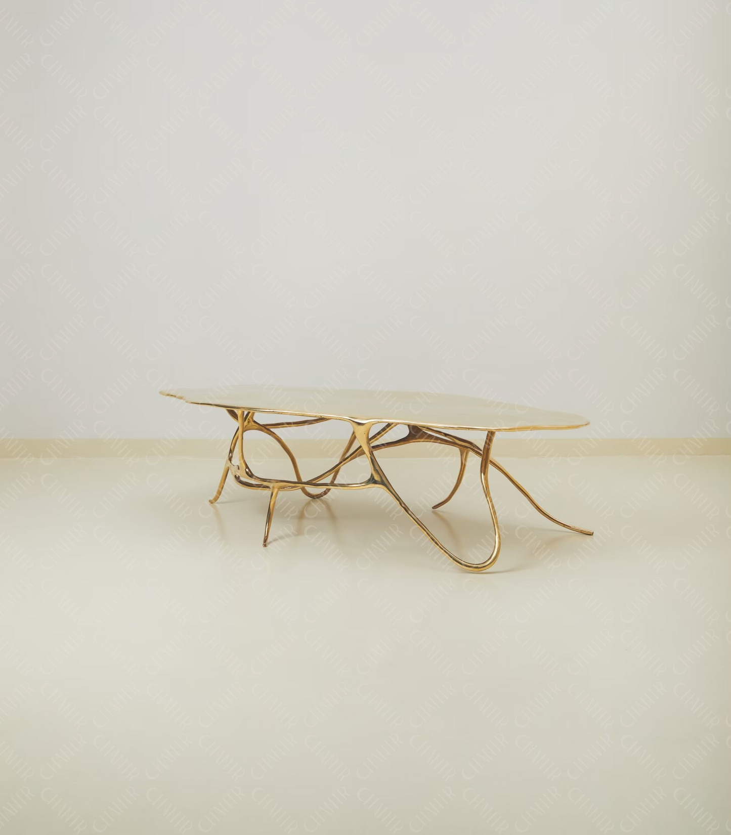 Gold brass luxury handmade furniture bench with modern design, ideal for modern luxury decor, on a white background - Side angle
