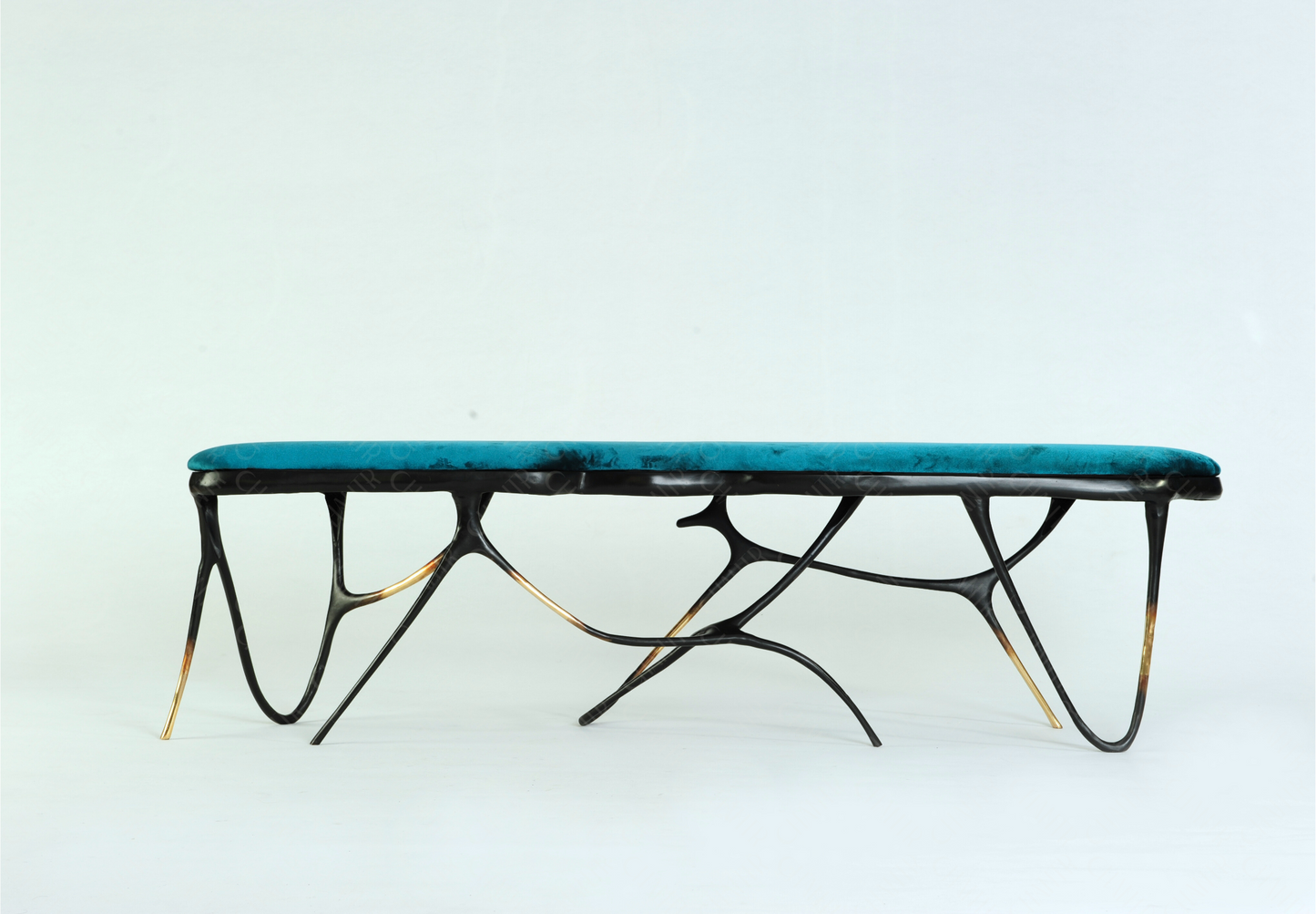 Black brass luxury handmade furniture bench with turquoise cushion with modern design, ideal for modern luxury decor, on a white background.