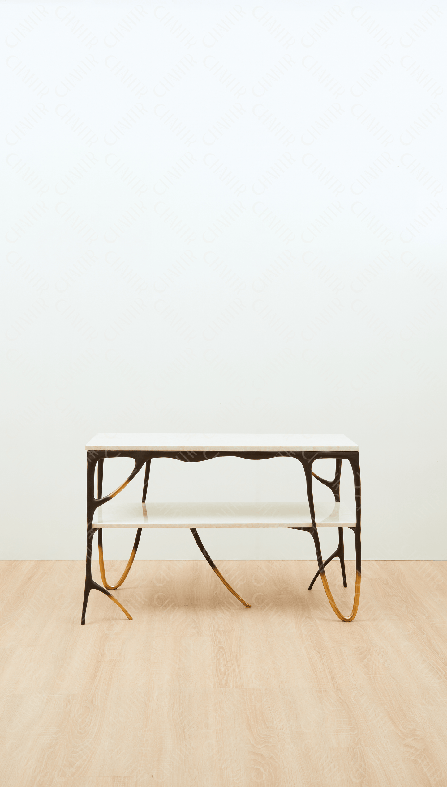 Modern black brass luxury handmade furniture console table with gold tips and two marble accents, perfect for modern luxury decor, on a plain background. - straight angle