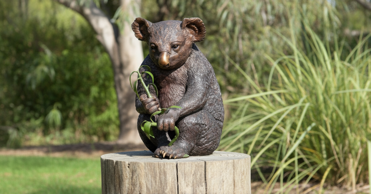 bronze koala holding a bamboo on a big log with tree and bushes in the background.