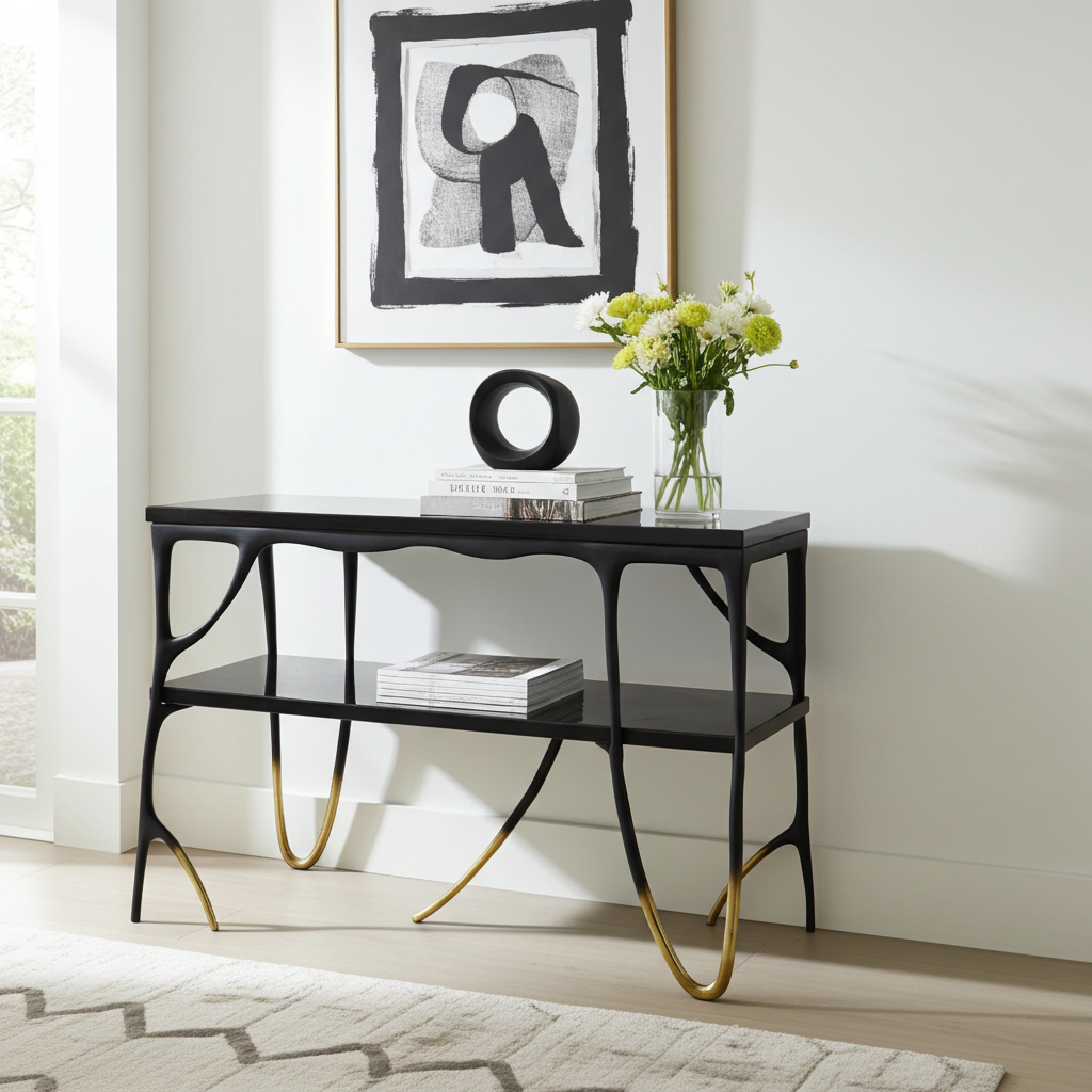 luxury handmade Black brass console table with gold legs in a room with a painting and flowers on the wall.