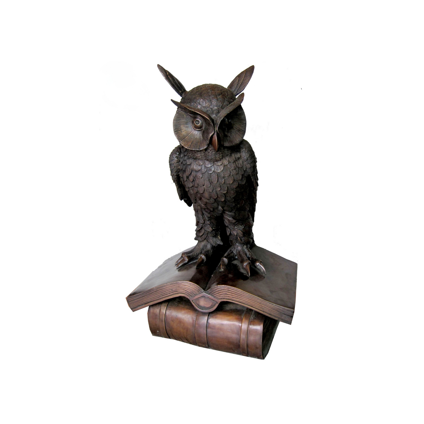 Bronze luxury handmade furniture owl statue on an open book, perfect for modern luxury decor, on a white background.