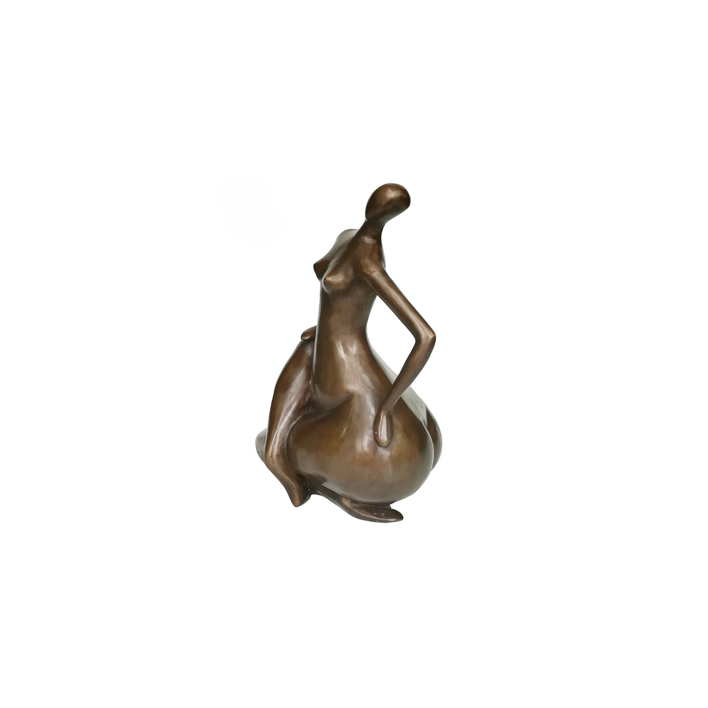 Bronze sculpture of a nude figure with her left arm resting on her waist and one leg crossing over the other on a white background