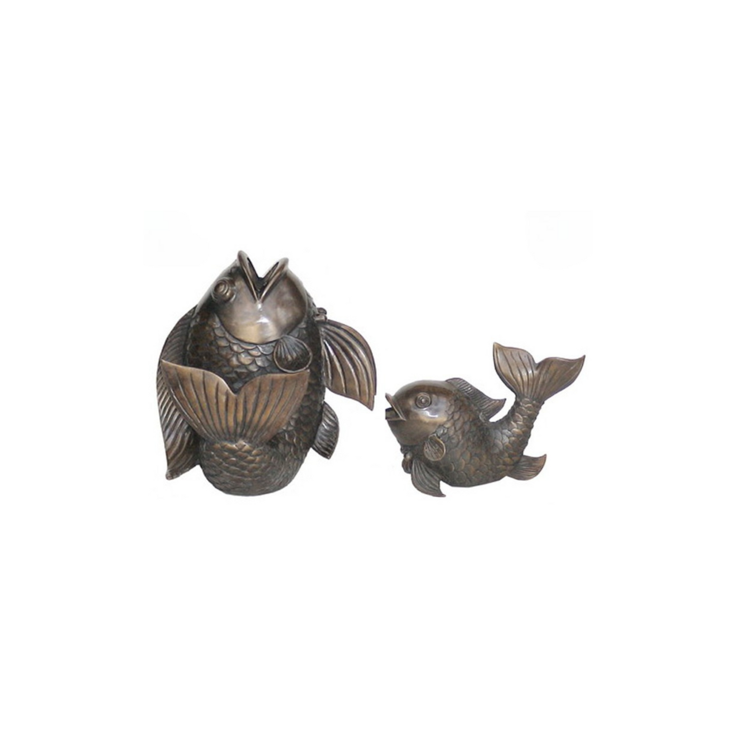 Two bronze luxury handmade furniture fish sculptures in different sizes, perfect for modern luxury decor, on a white background.