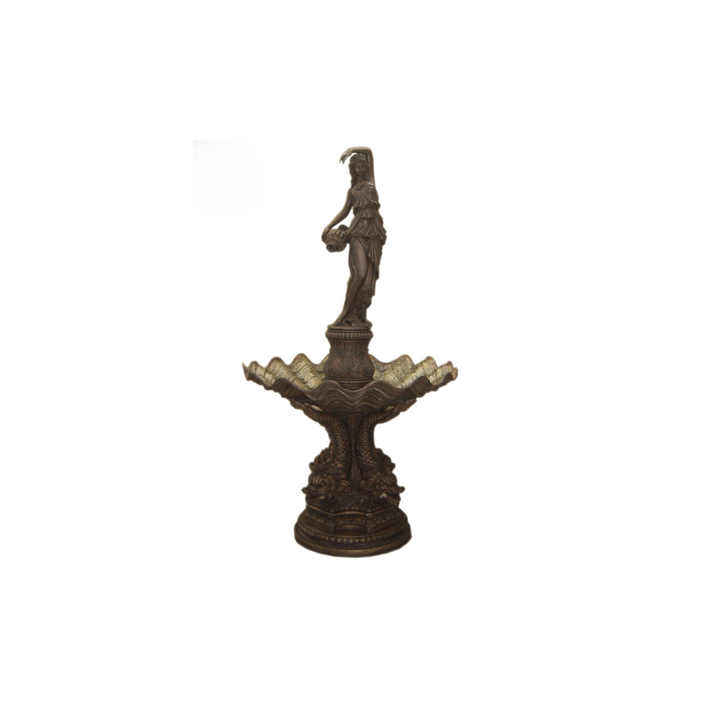 Bronze fountain of a figure on a pedestal with intricate details against a white background