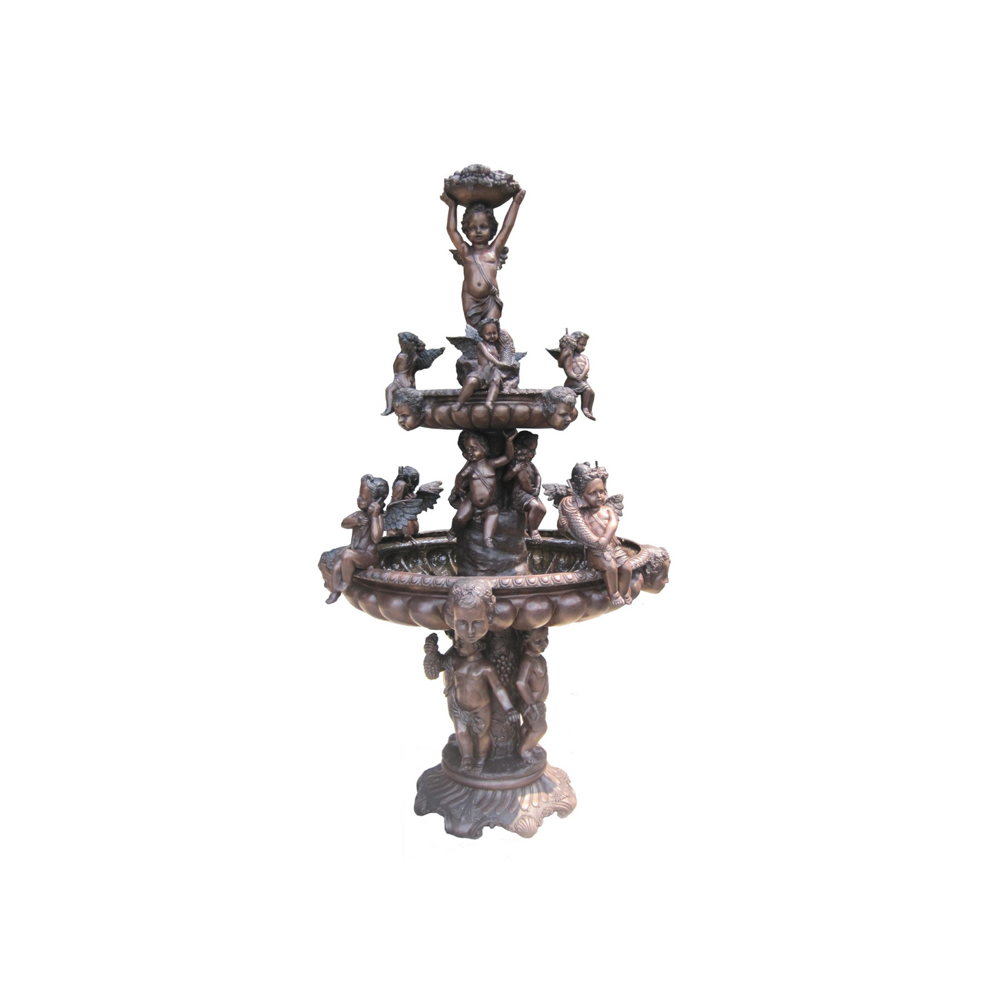 Bronze luxury handmade furniture fountain with cherub figures, ideal for modern luxury decor, on a white background.
