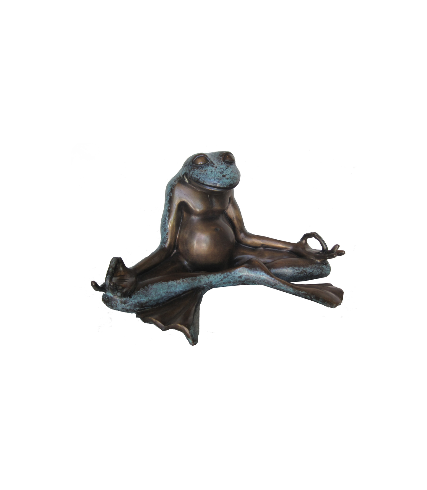 Bronze luxury handmade furniture frog sculpture in a meditative pose, ideal for modern luxury decor, on a white background.
