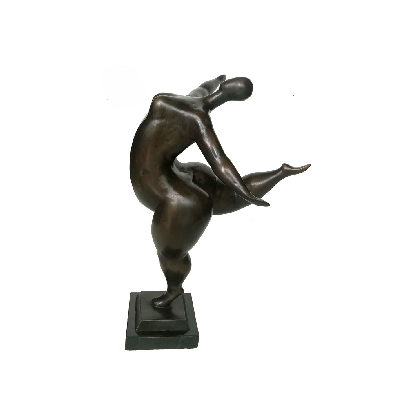 Bronze sculpture of a abstracted figure on a white background
