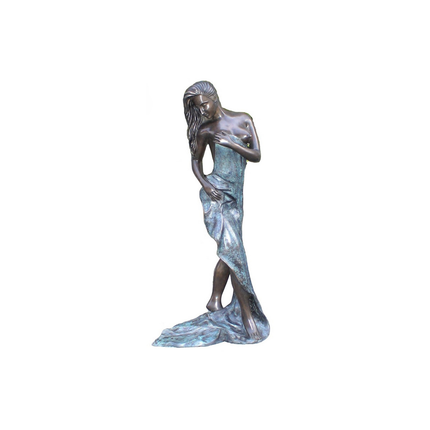 Bronze luxury handmade furniture statue of a woman with flowing hair and dress, ideal for modern luxury decor, on a white background