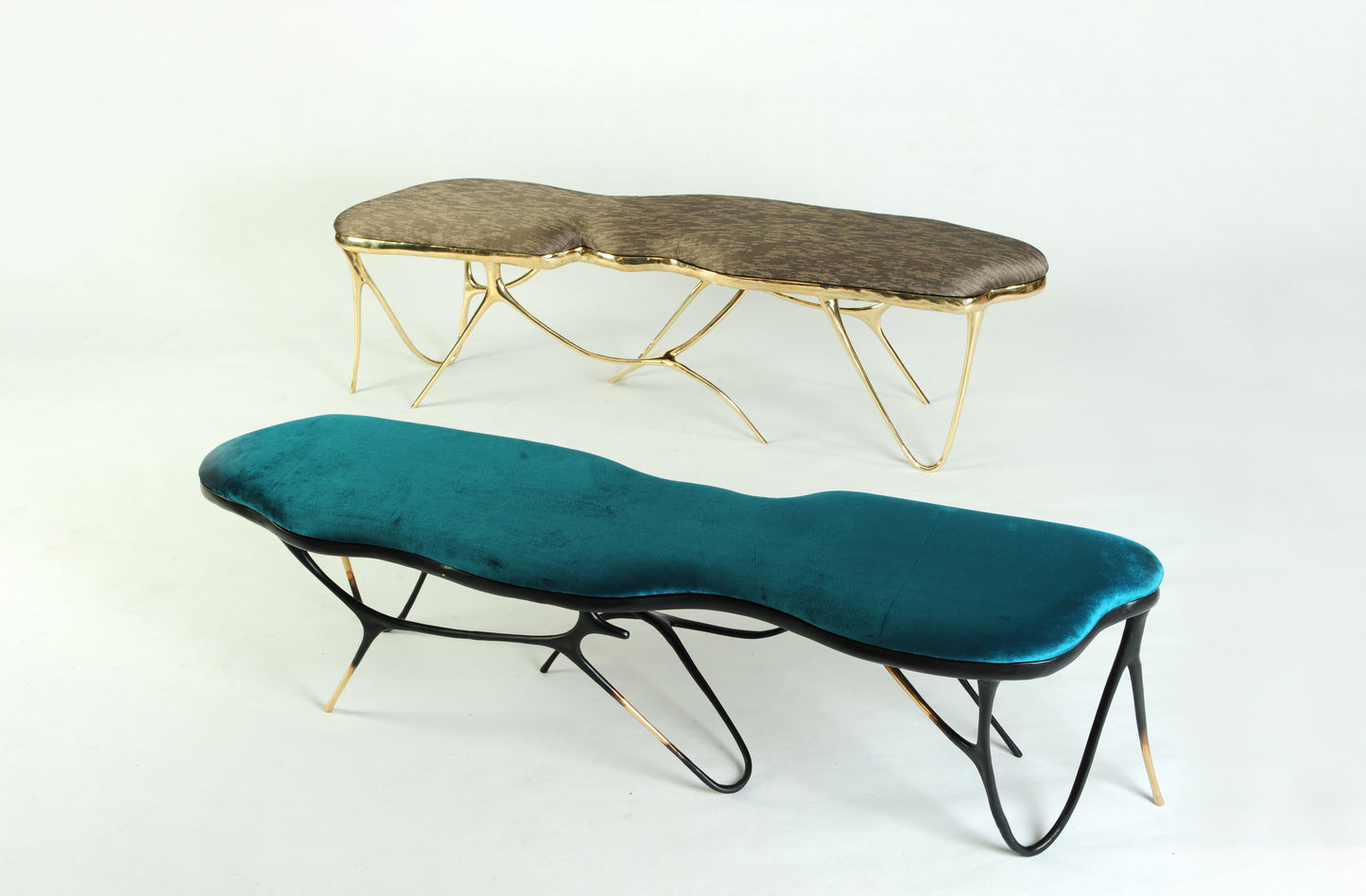Gold brass luxury handmade furniture bench with brown pattern cushion and black brass bench with velvet turquoise with modern design, ideal for modern luxury decor, on a white background.