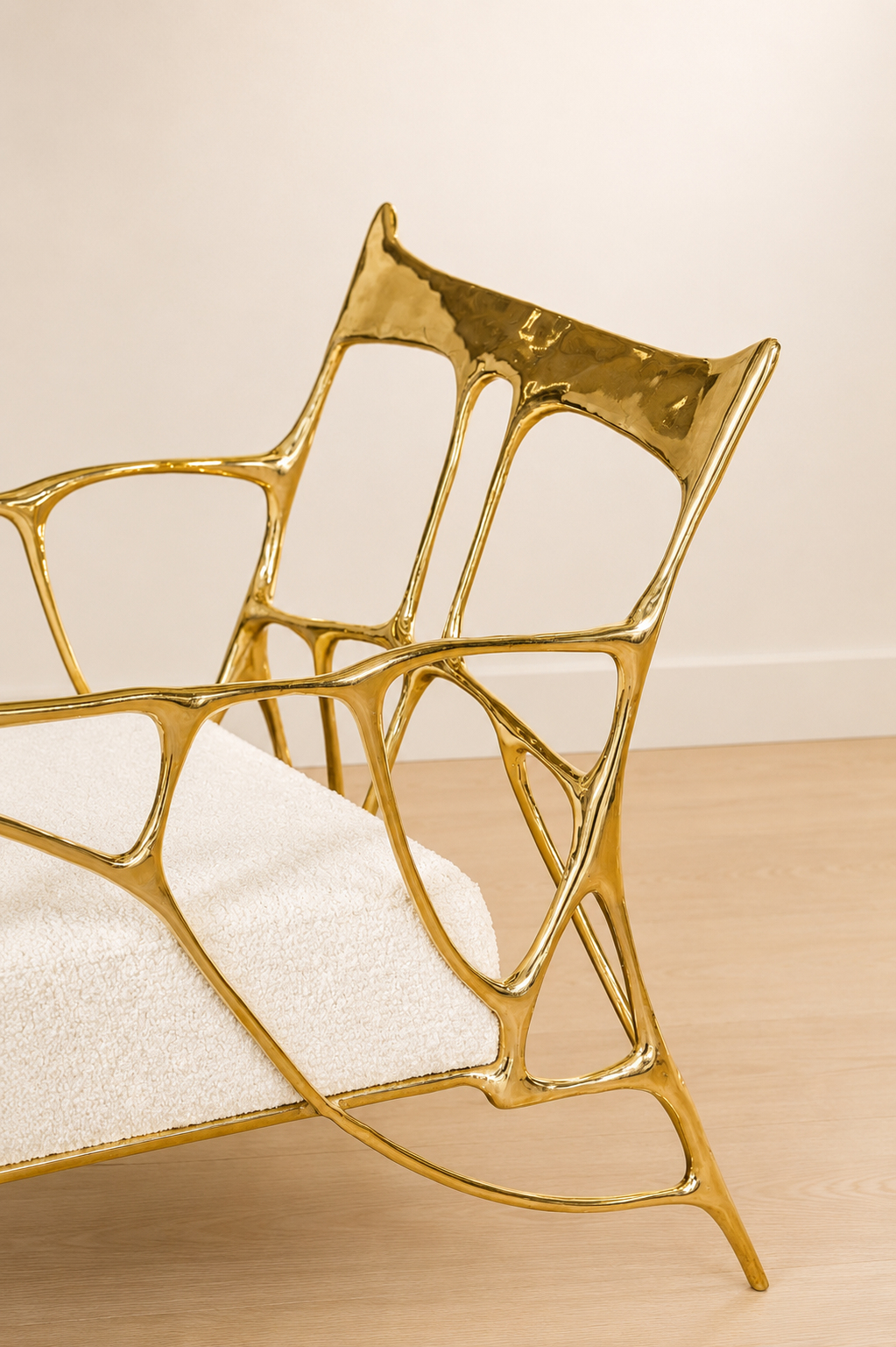 Angled view of the Sumi Lounge Chair gold finish with white cushion. 