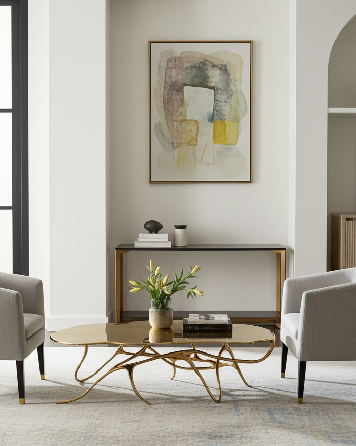 Modern living room with a luxury handmade gold brass coffee table, gray chairs, and abstract art on the wall.