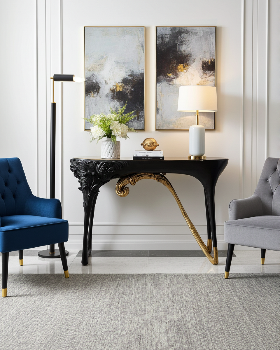 A luxury handmade brass console table with gold accents in a stylish room with abstract art and chairs.