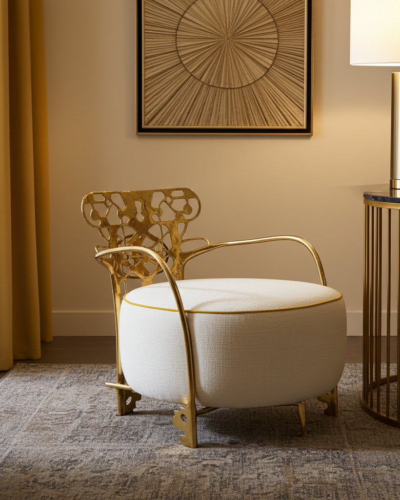 luxury handmade brass armchair with gold frame and white cushion in a stylish room.