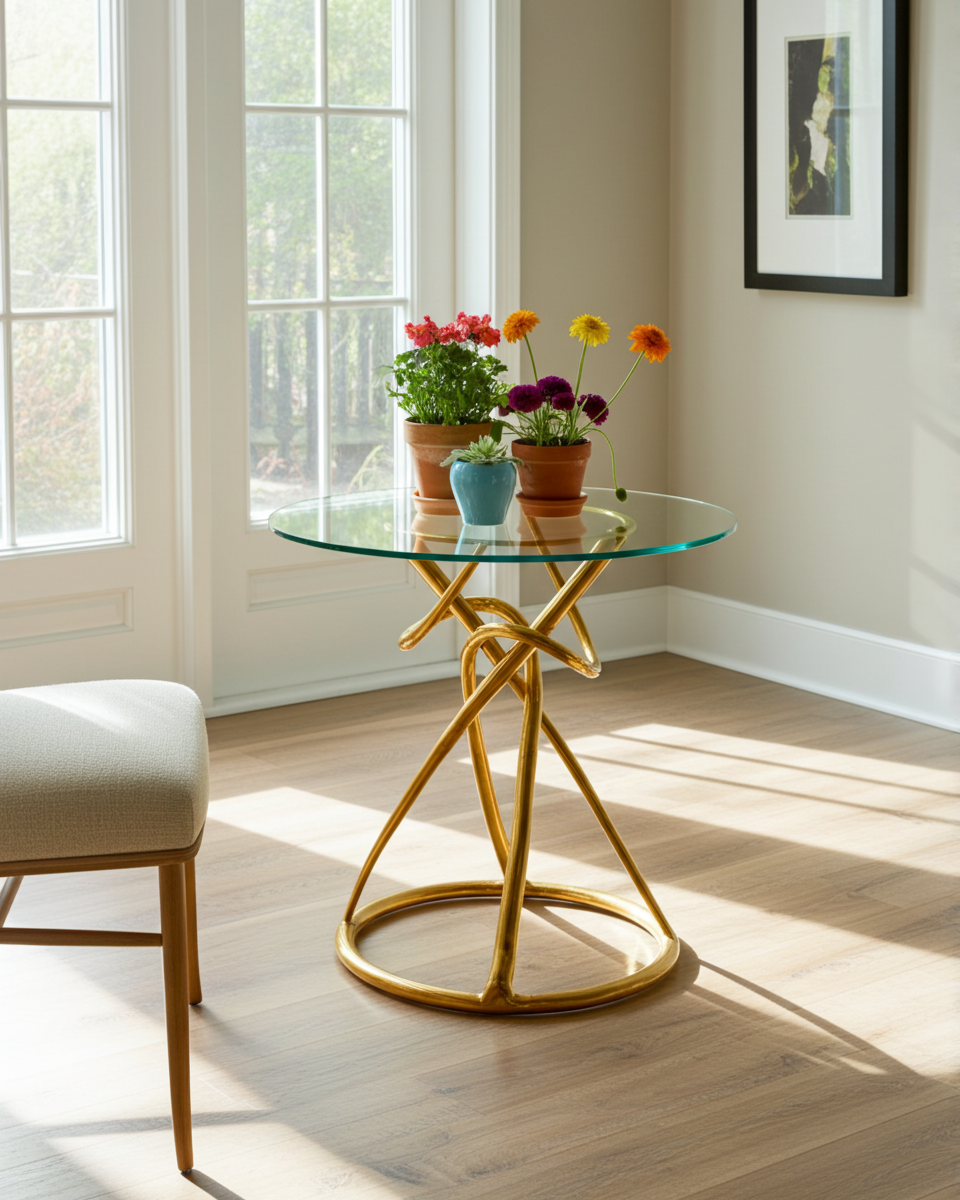 Gold brass entry table with glass top on a white background in a dining room