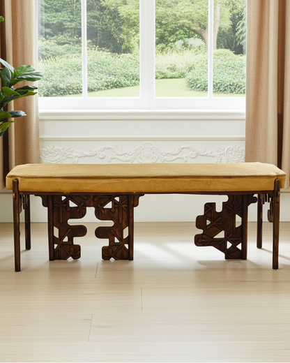 Luxury handmade brass bench with mustard yellow cushion. 