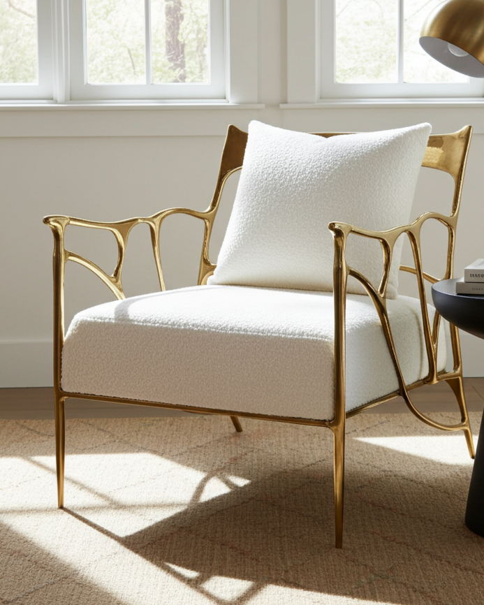 Modern interior with a gold brass armchair, white cushion, and black side table with a lamp.