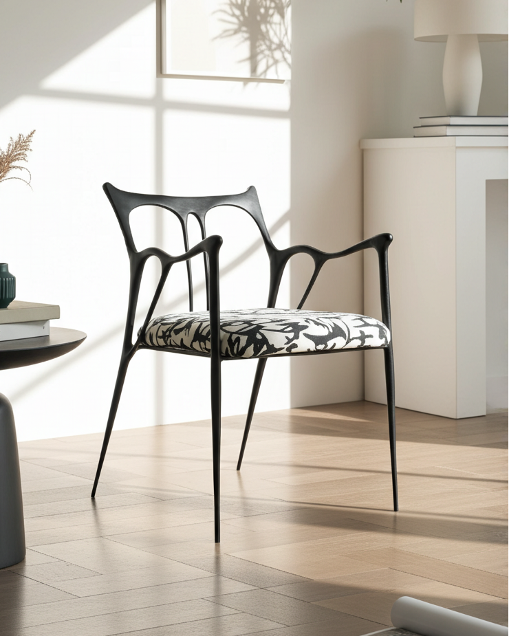 luxury handmade black brass chair with patterned cushion next to a black side table in a bright room.