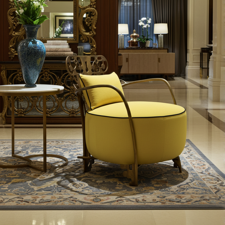 brass armchair with yellow seats in a luxurious room with decorative elements