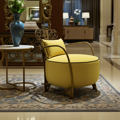 brass armchair with yellow seats in a luxurious room with decorative elements