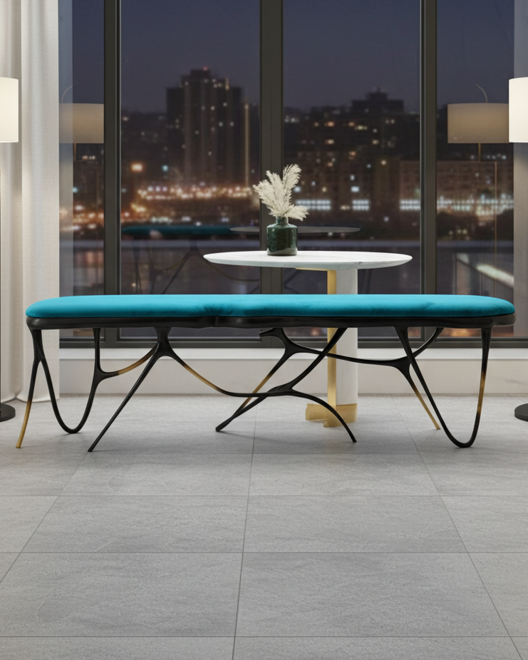 luxury handmade brass bench with turquoise cushion in a modern living room.