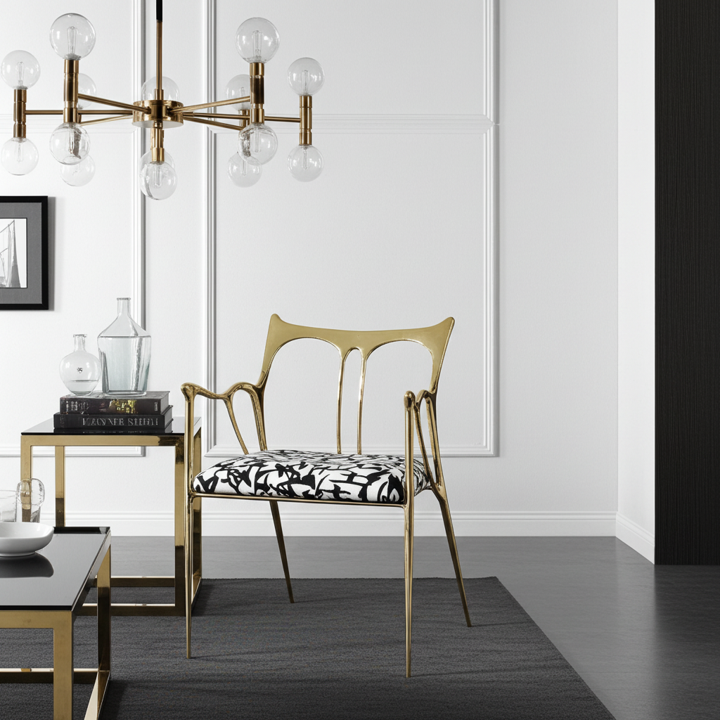 luxury handmade Gold chair with black and white patterned cushion in a modern room with a chandelier.