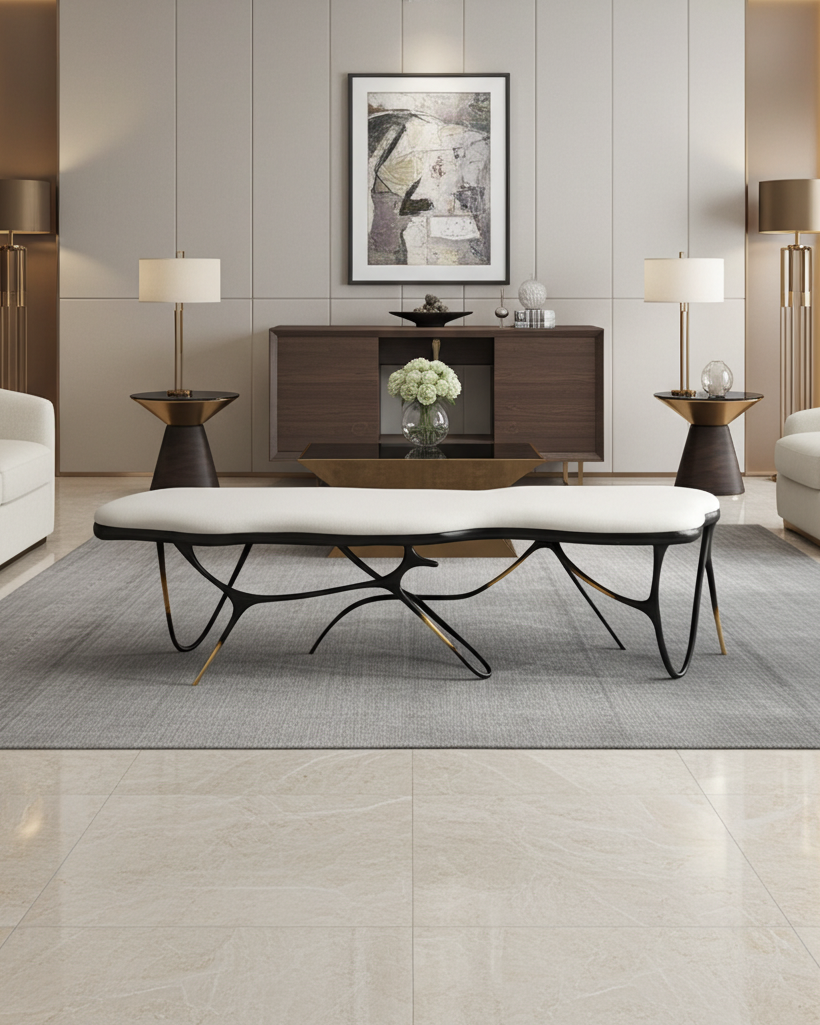 luxury handmade brass bench with white cushion in a modern living room