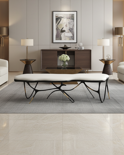 luxury handmade brass bench with white cushion in a modern living room