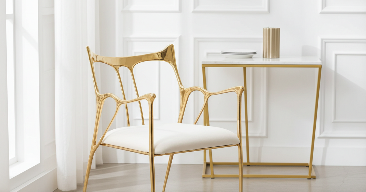 Gold brass chair and table in a bright, minimalistic room