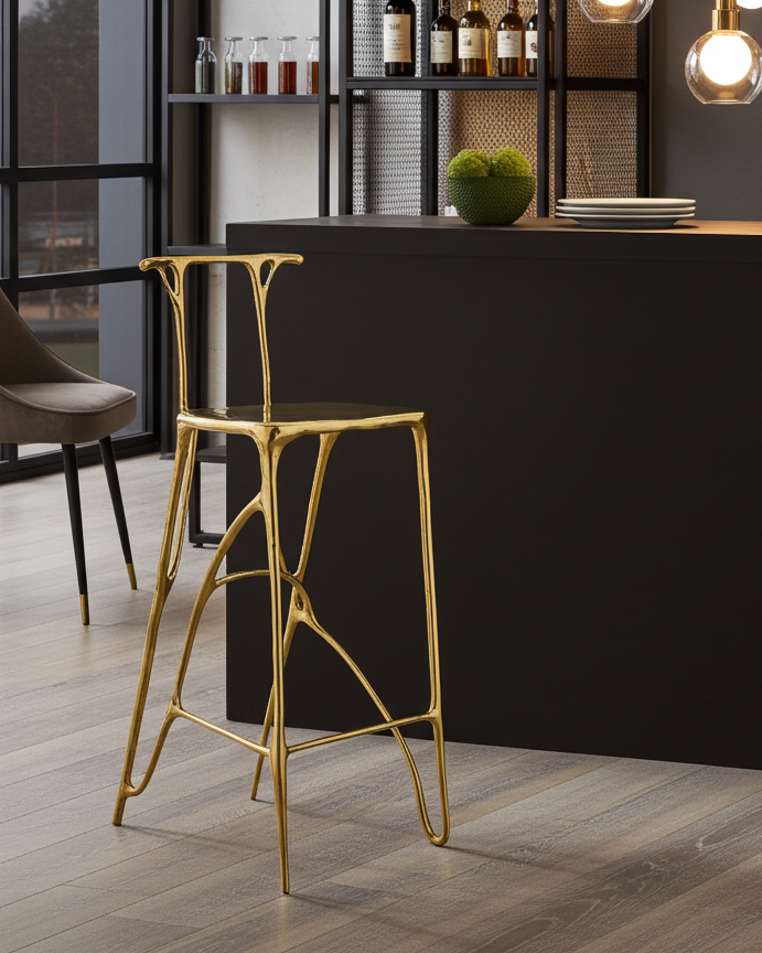 luxury handmade Gold brass bar stool in a modern interior setting with a black counter and decor items.