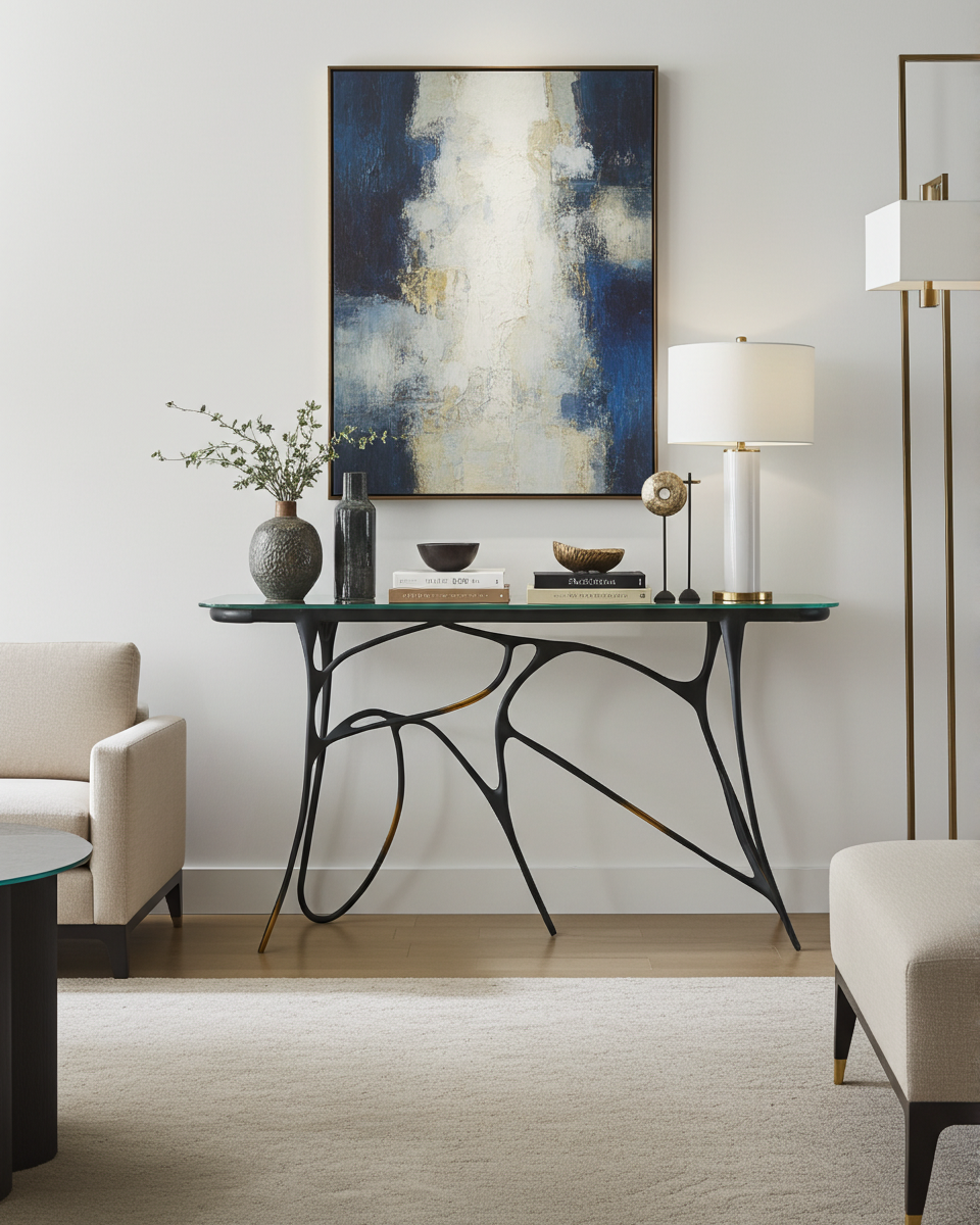 luxury handmade brass console table with glass top and decorative items in a living room setting