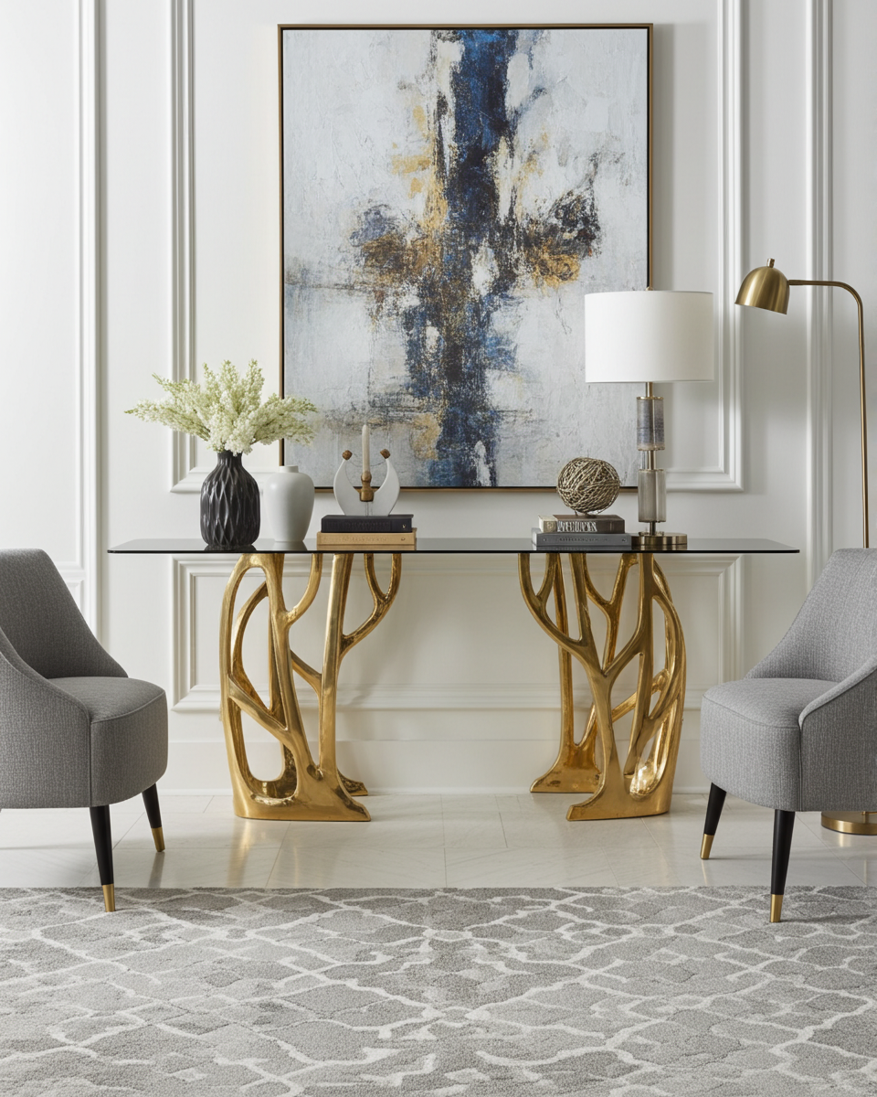 Modern interior with a luxury handmade gold brass console table with glass, gray chairs, and abstract art on a white wall.