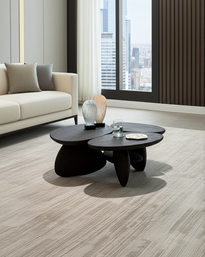 Modern living room with a stylish black coffee table and cityscape view