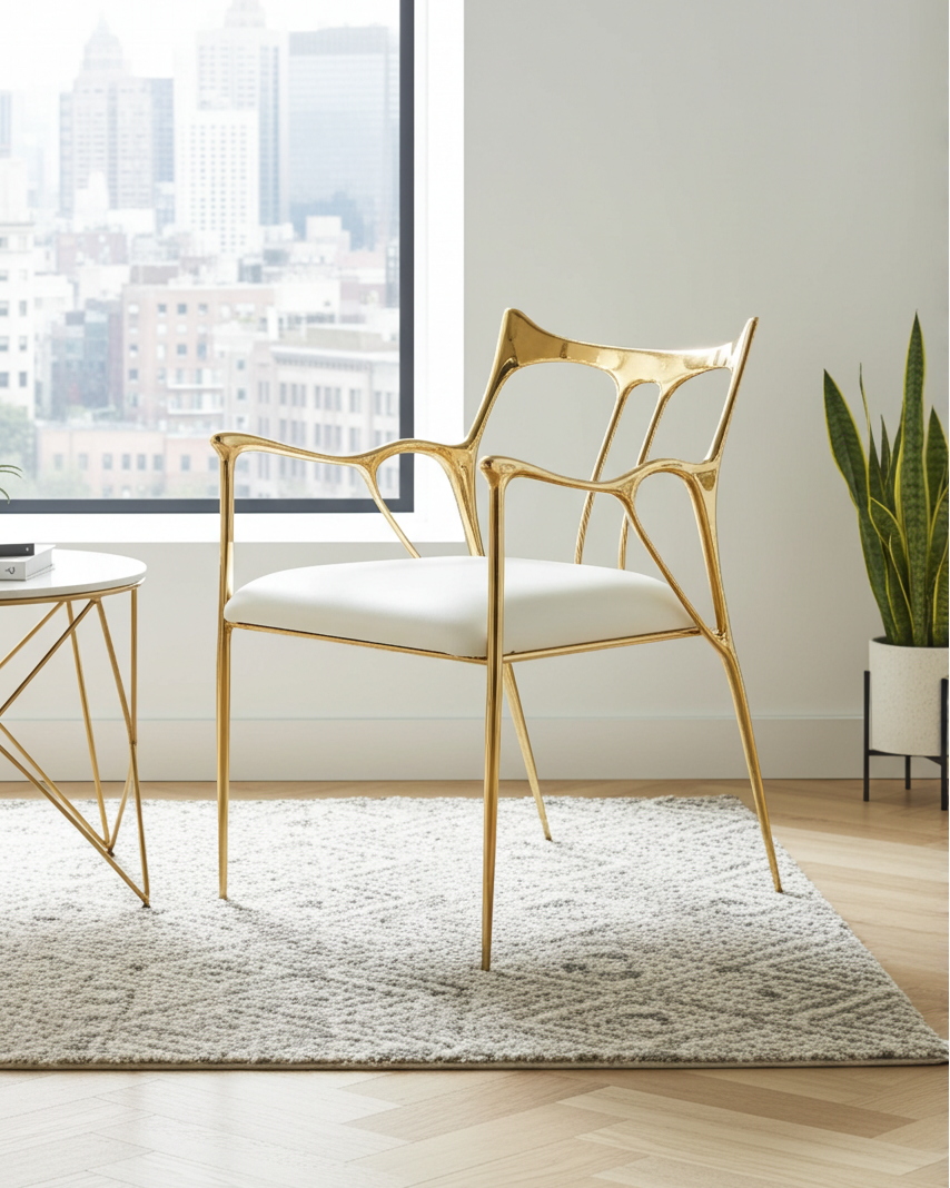Gold brass chair with white cushion in a modern room with large window and plants