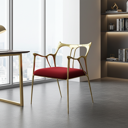 luxury handmade chair with gold frame and red cushion in a stylish room with large windows.