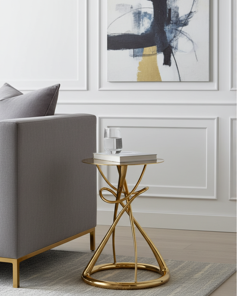 Modern living room with a gray sofa and brass side table.