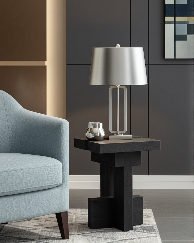 Modern lamp on a dark luxury handmade wooden side table next to a light blue armchair in a living room setting.