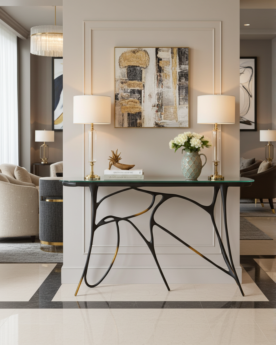 luxury handmade brass console table with glass top and decorative items in a stylish living room setting