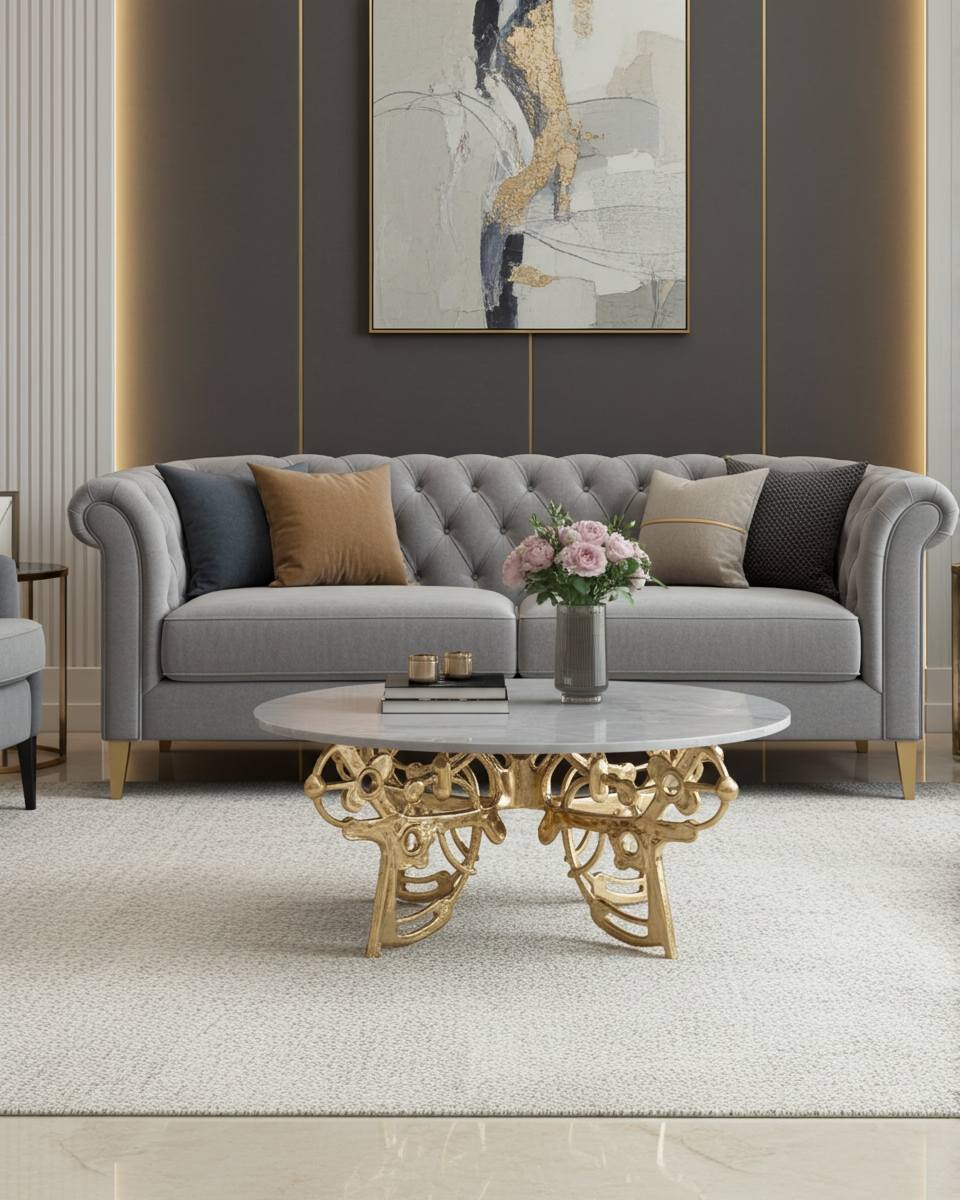 Gray sofa with decorative pillows and a luxury handmade gold brass coffee table with marble top in a stylish living room.
