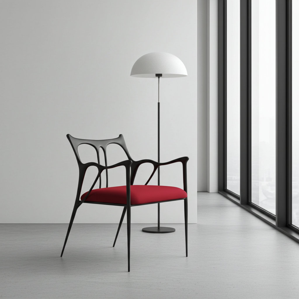 Modern brass chair with red cushion and black frame in a minimalistic room with a floor lamp and large windows.