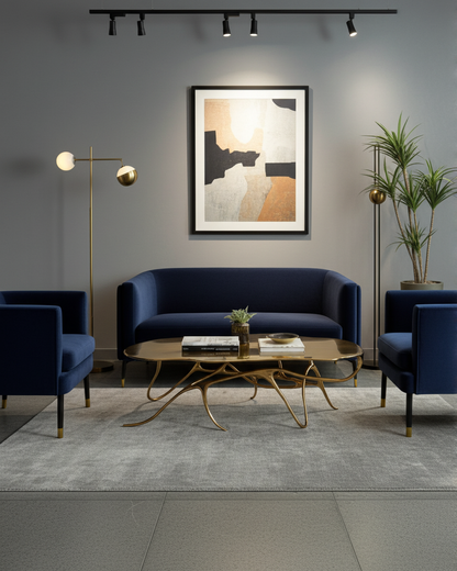 Modern living room with blue sofas, luxury handmade gold brass coffee table, and abstract art on gray wall.