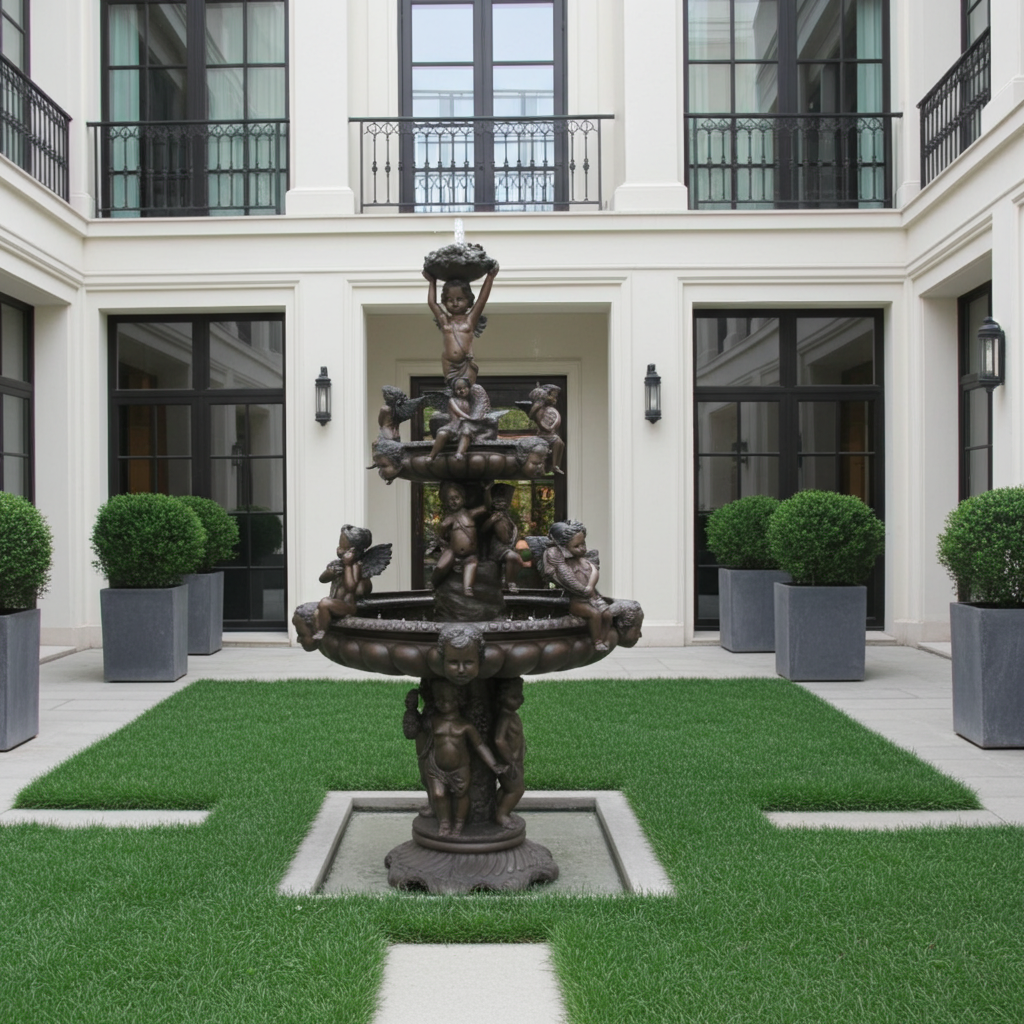 brass cupid fountain in a courtyard with a building in the background