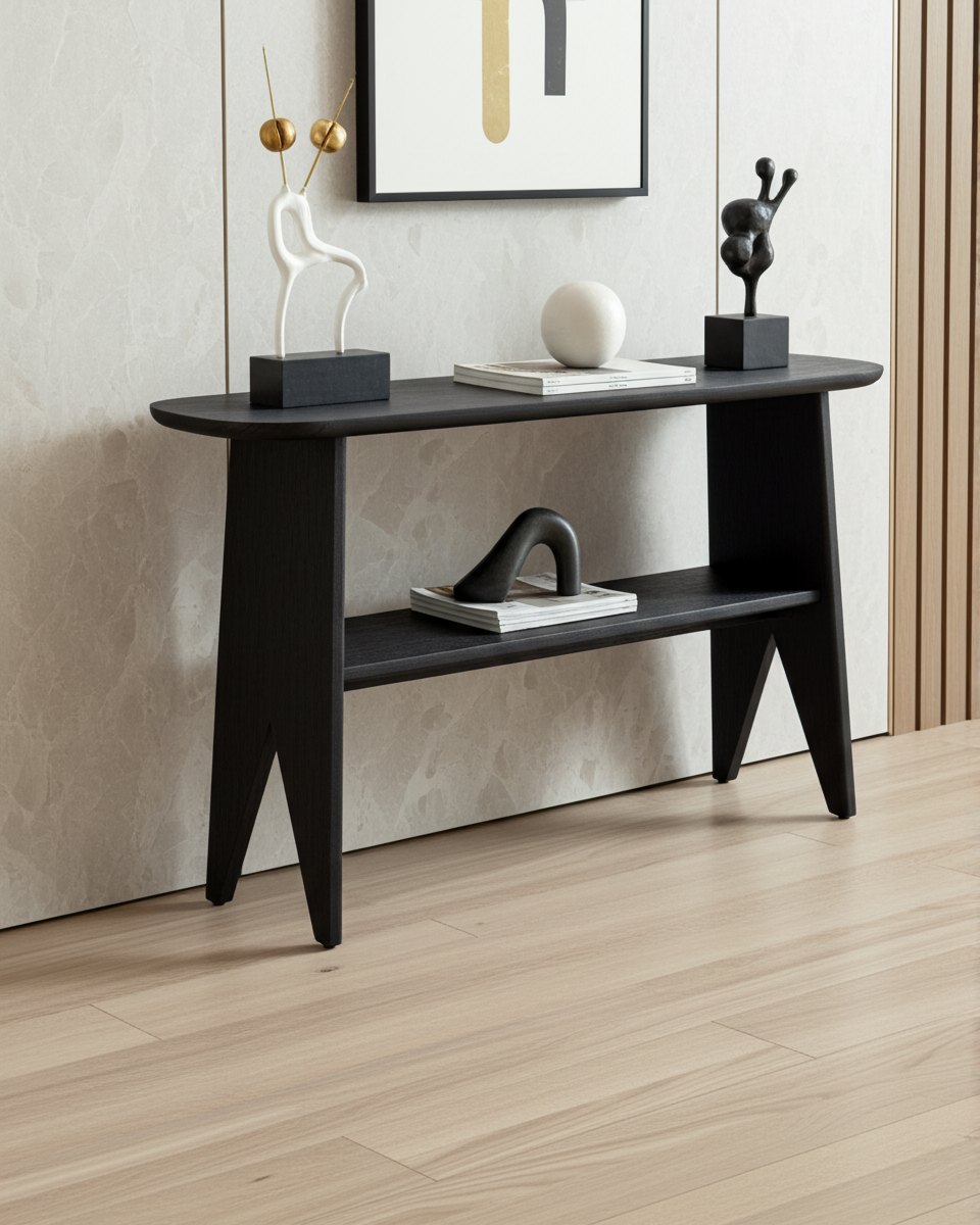 a Black luxury handmade console table with decorative items against a neutral wall.