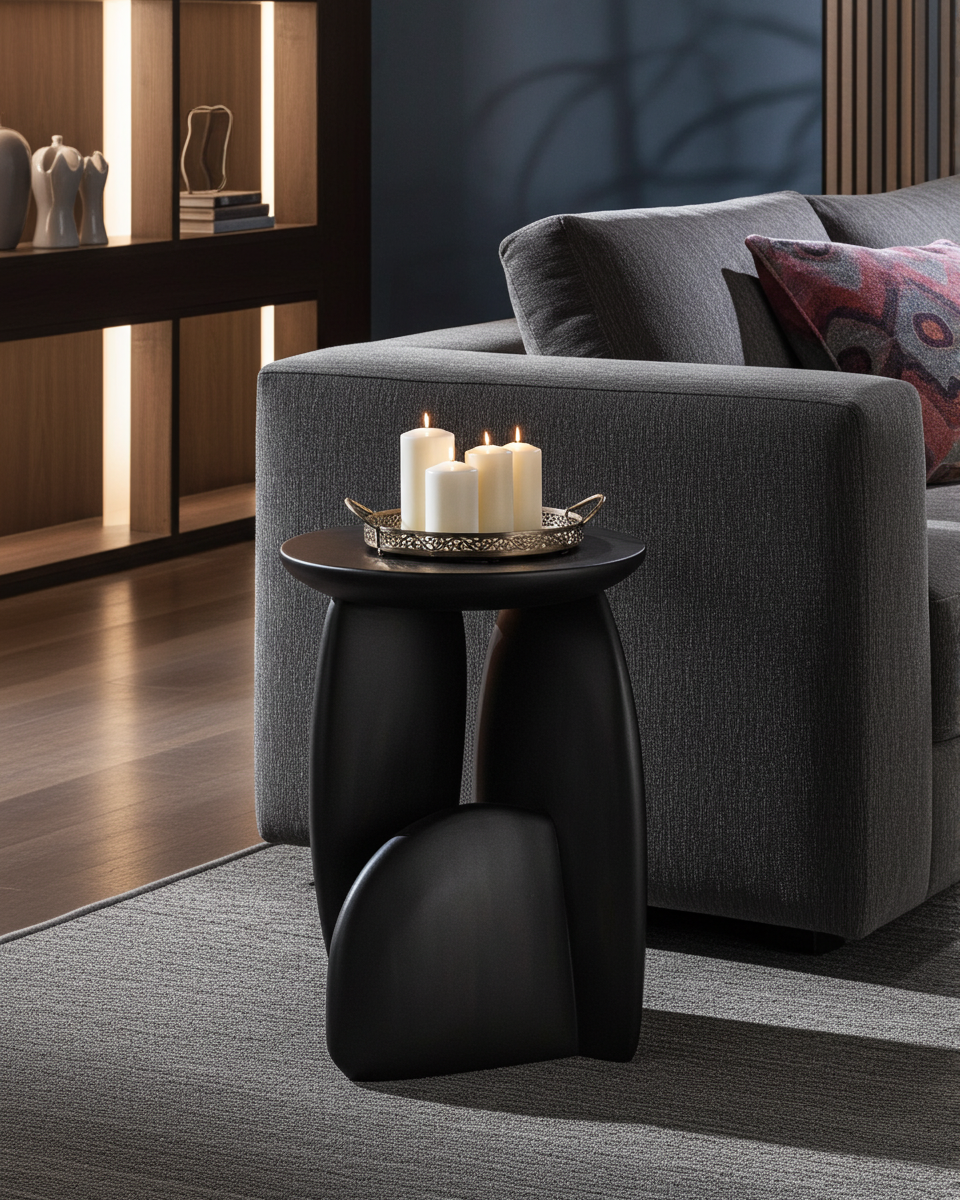 Modern luxury handmade black wooden side table with candles in a living room setting