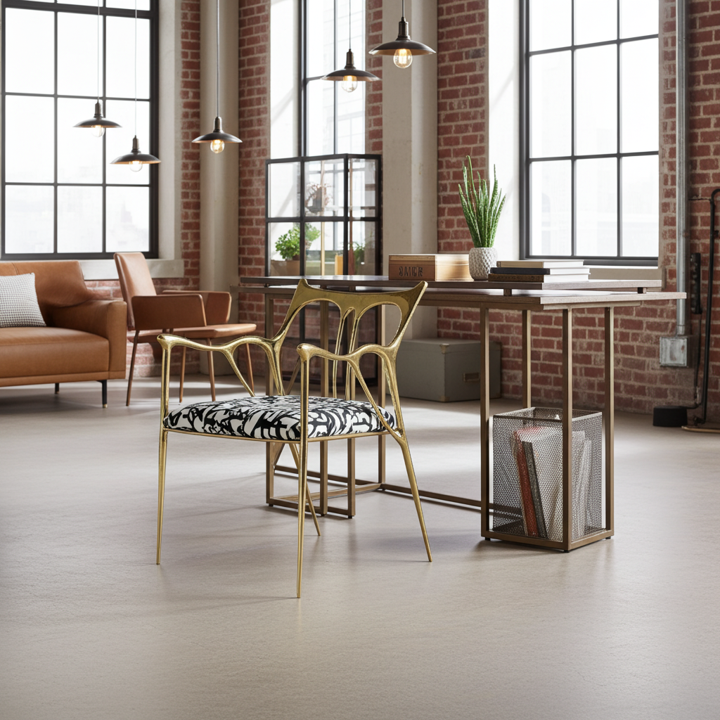 luxury handmade gold brass chair with black and white patterned cushion, and brick wall.