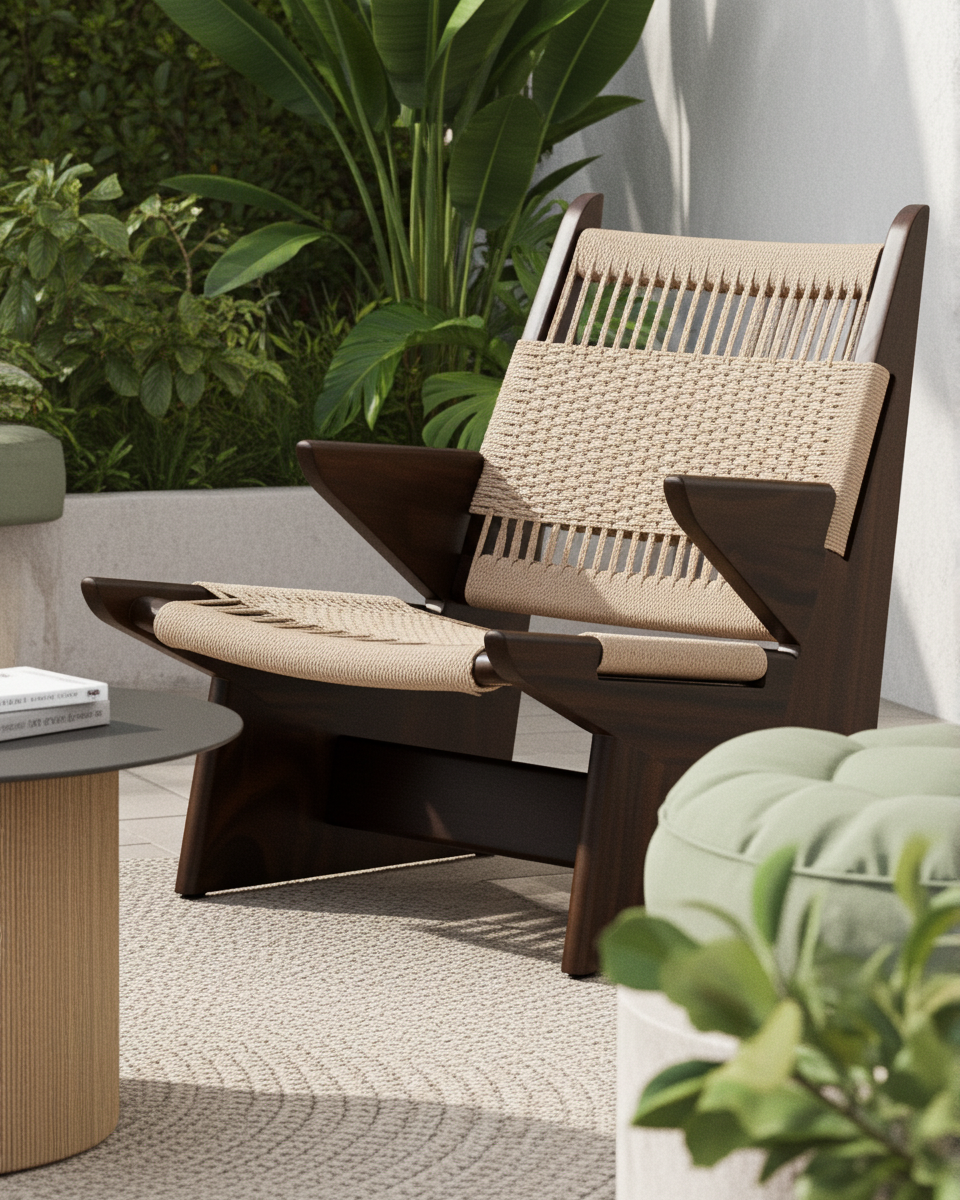 Modern outdoor chair with woven backrest in a garden setting