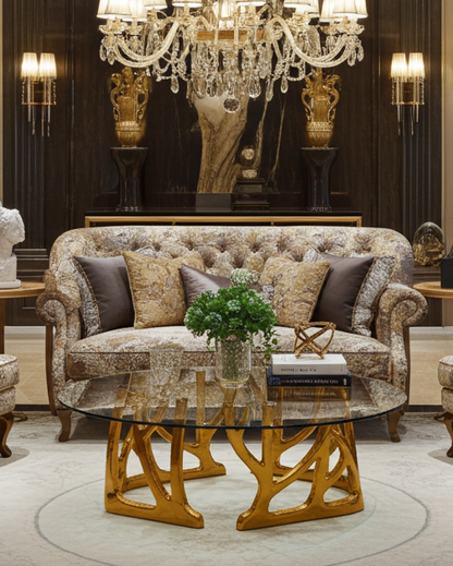 Luxurious living room with a patterned sofa, decorative pillows, and a luxury handmade brass coffee table with glass top.
