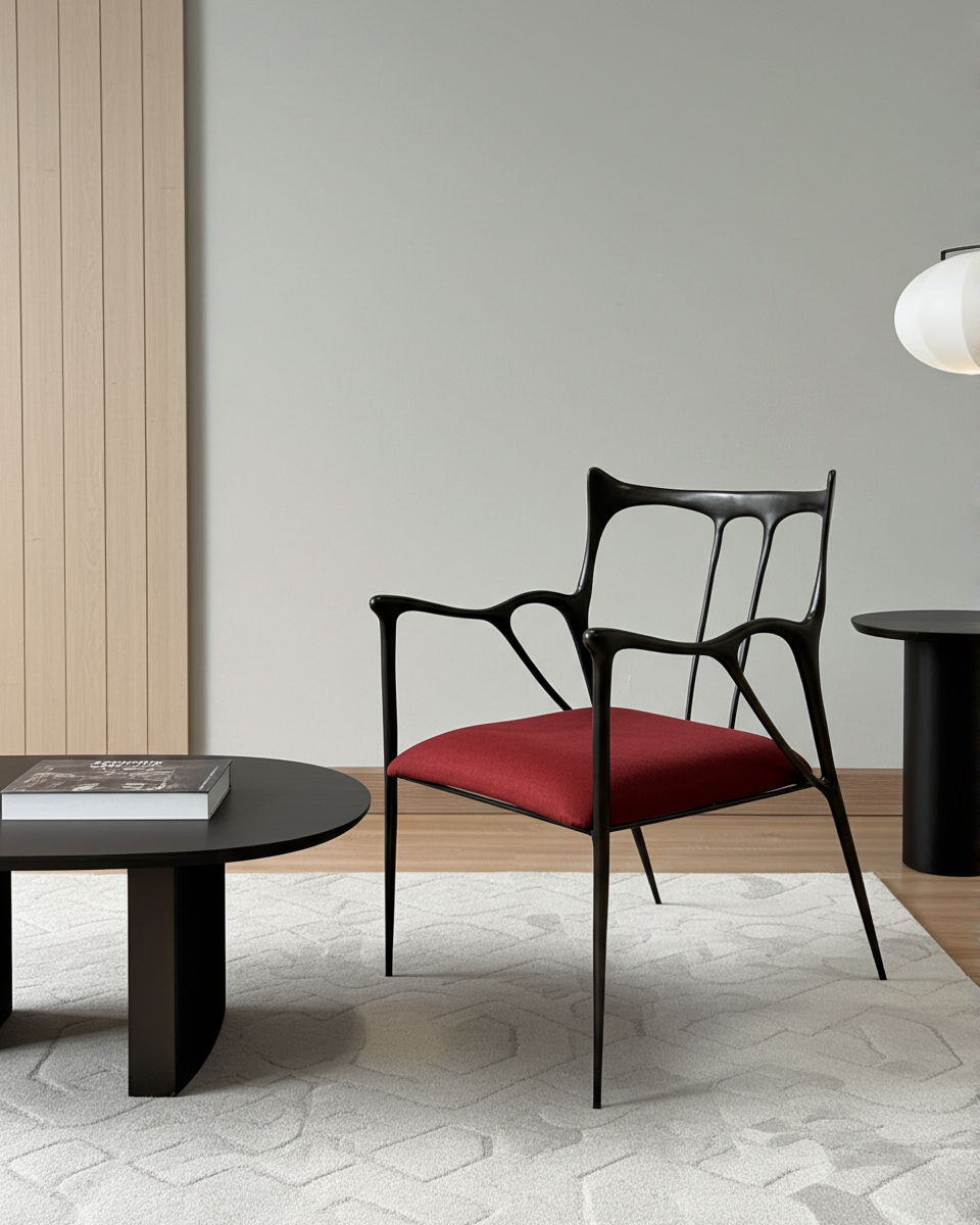 Modern brass chair with red seat and black frame in a minimalistic room.
